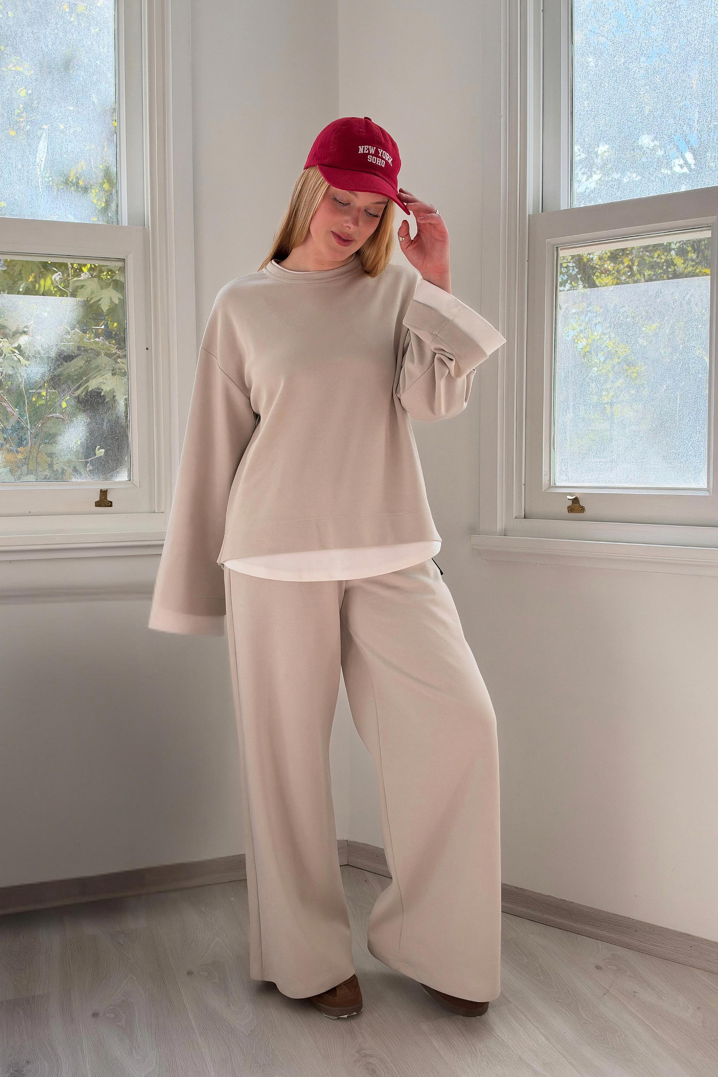 Layer Blok Detaylı Sweatshirt-Taş - 1