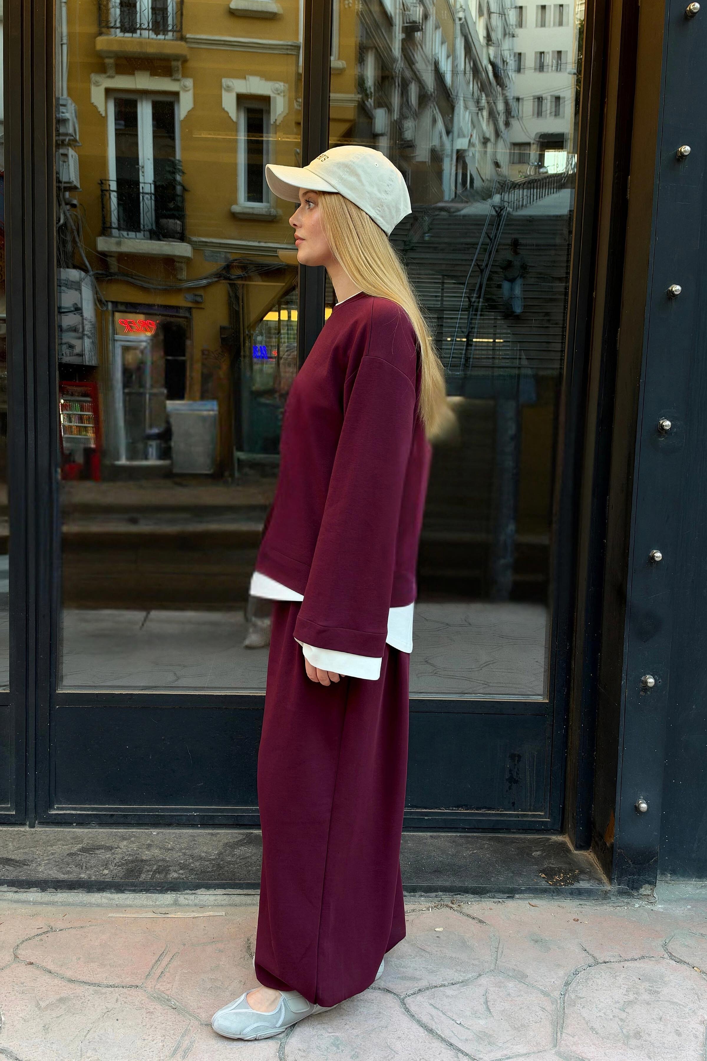 Layer Blok Detaylı Sweatshirt-Bordo - 2