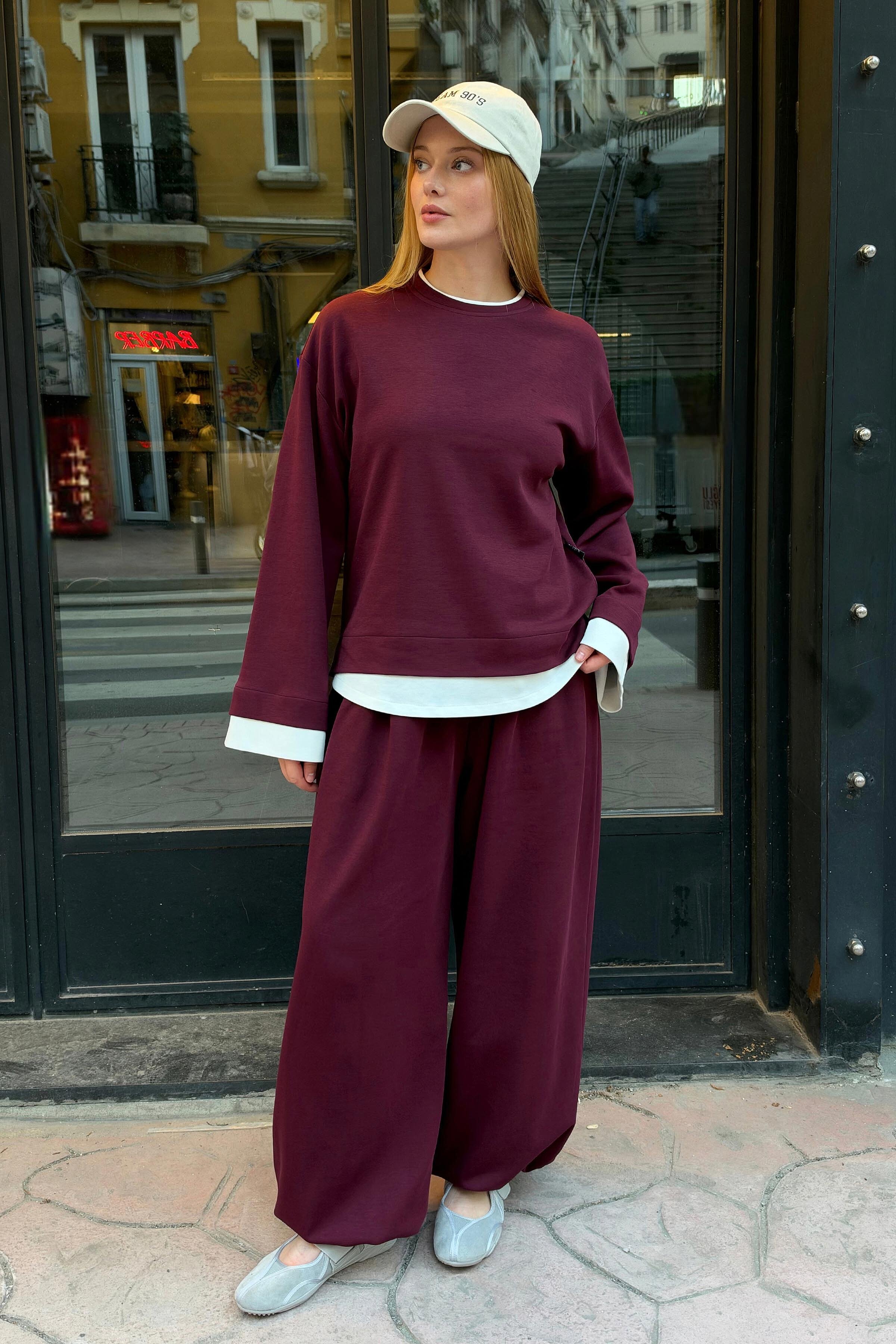 Layer Blok Detaylı Sweatshirt-Bordo - 1