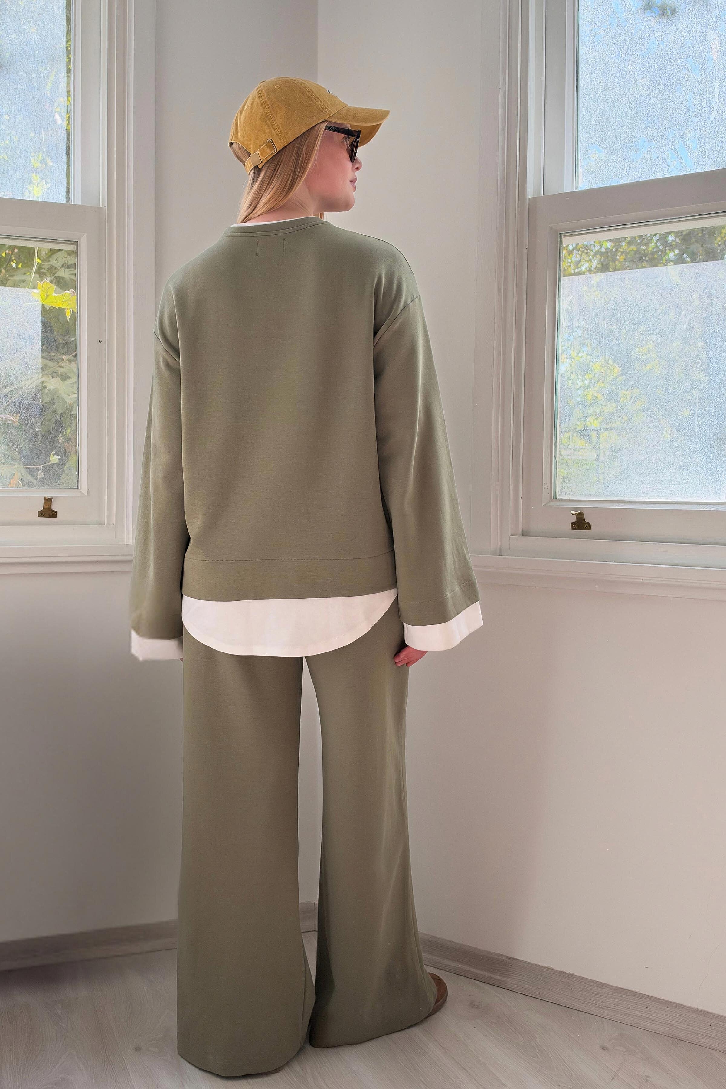 Layer Blok Detaylı Sweatshirt-Haki - 4