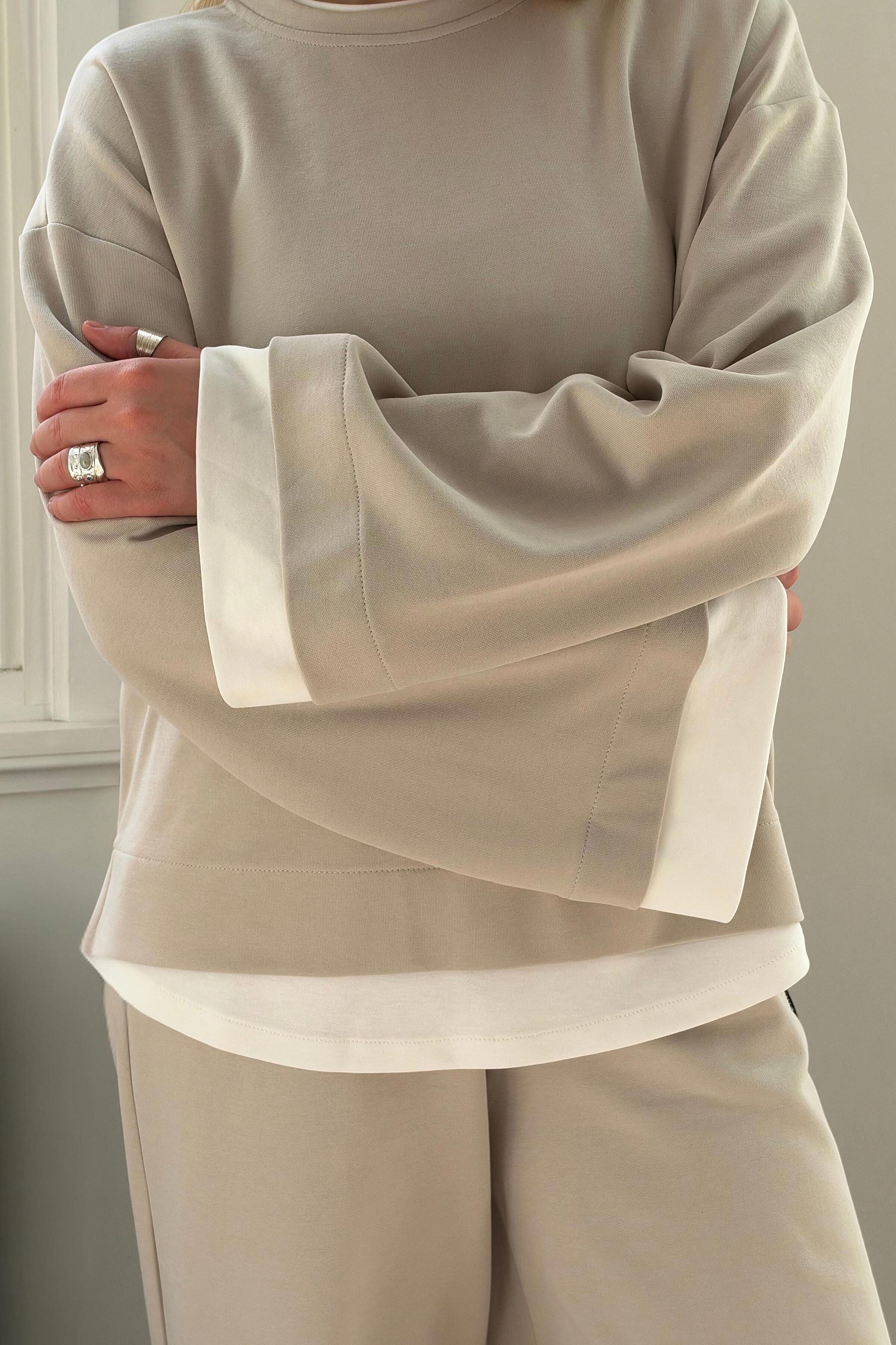 Layer Blok Detaylı Sweatshirt-Taş - 2
